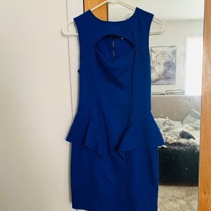 Deep blue skintight dress.